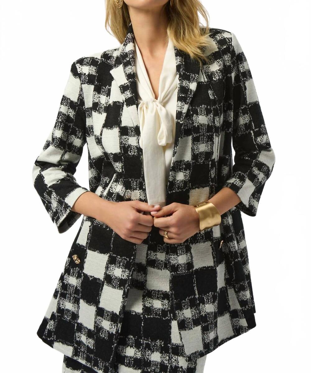 NEW JOSEPH RIBKOFF jayden jacquard sweater plaid print a-line jacket in black an